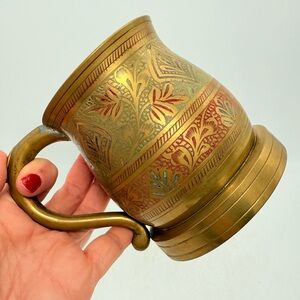 Vintage Brass Tankard Mug, Enameled Etched Decor, drinking vessel, brass vase